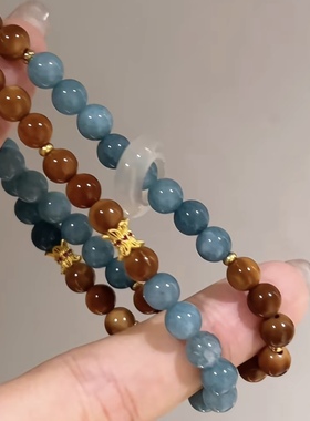 双圈手链女款精工库克圆珠手链搭配翡翠蓝水小众玉髓跑环手串