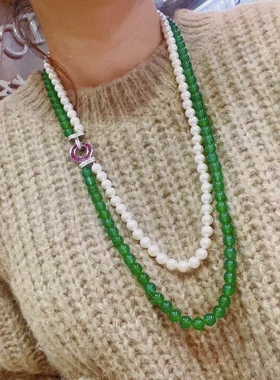 天然冰种帝王绿玉髓圆珠项链叠戴款珍珠毛衣链贝珠原创玛瑙新中式