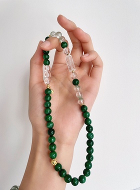 天然翡翠干青两圈手链搭配白水晶玉手串原创阳绿辣绿色绀青国风女