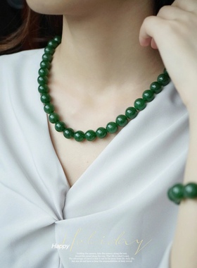 天然俄罗斯碧玉老矿料菠菜绿圆珠项链和田玉妈妈链礼物锁骨链女款