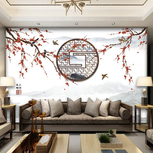 喜上眉梢新中式电视背景墙壁纸花鸟墙纸卧室客厅无缝墙布壁画953 - 图1