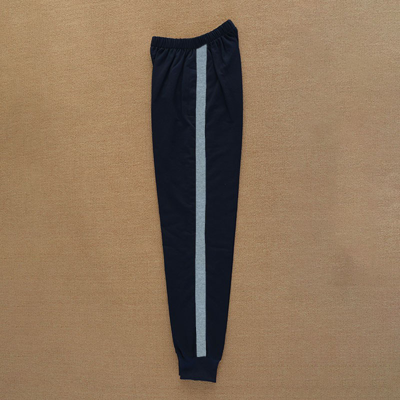 订做纯棉中小学生男女校服长裤深藏蓝色拼浅灰宽杠收紧口运动校裤 - 图1