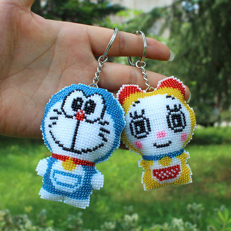Cross Stitch Double Sided Embroidery Small Pendant Car Keychain Cartoon Couple Lucky Cat Cute Cat Bead