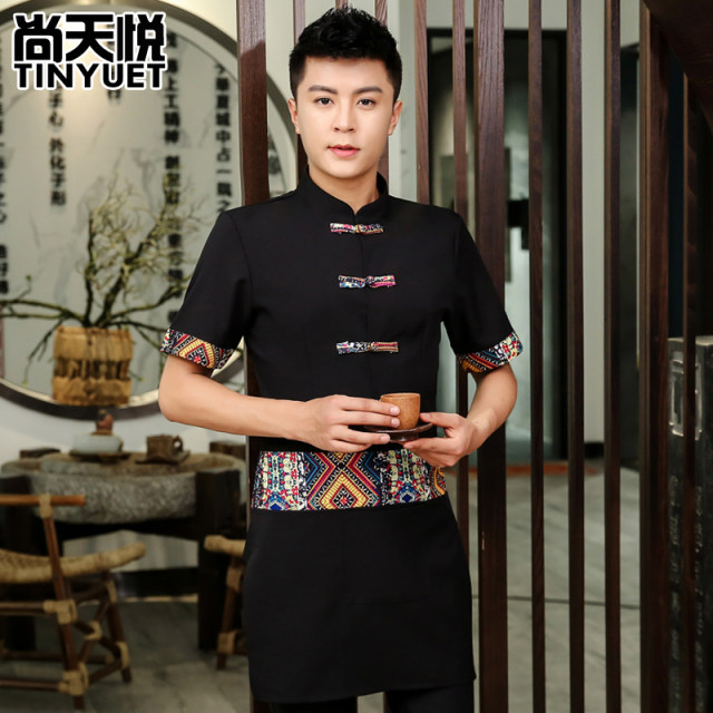 Retro waiter work clothes summer female short-sleeved Chinese restaurant farmyard hot pot restaurant male Yunnan ethnic style clothing