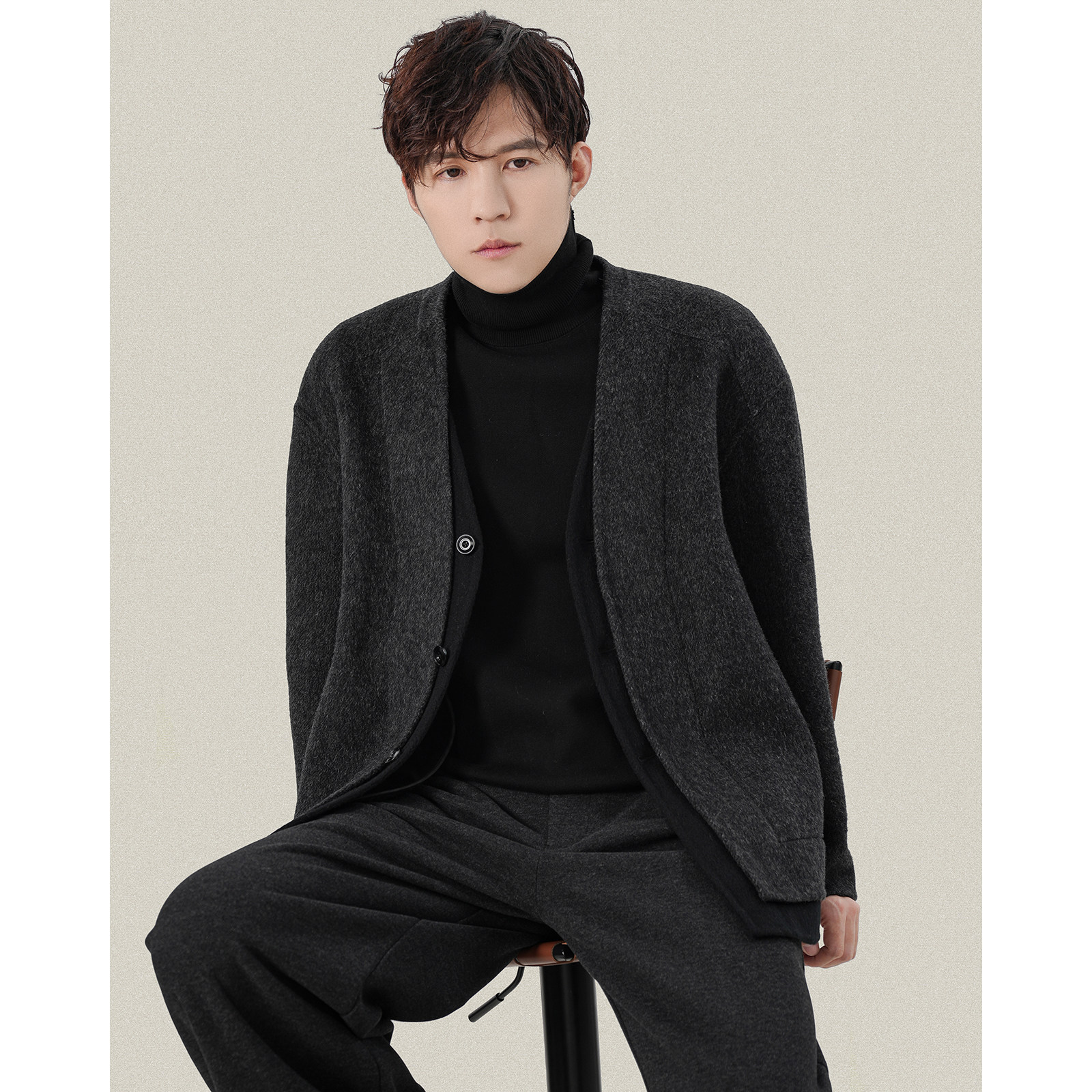 新中式假两件双面呢羊绒兔毛毛呢大衣短款道袍开衫男士冬季男外套,淘宝优惠券,粉丝福利购,淘宝优惠卷