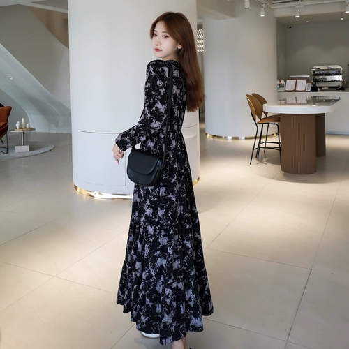 Осенний шифоновый сверхдлинный лонгслив, приталенное платье, V-образный вырез, А-силуэт