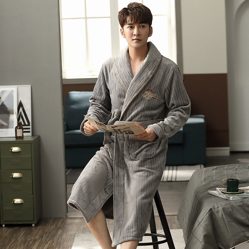 男士珊瑚绒加绒中长款秋冬季睡袍 依璐儿睡袍/浴袍