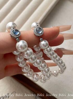 银镶嵌天然海蓝宝石澳白珍珠手链
