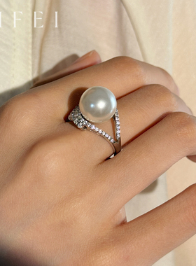 繁花大颗镶满钻月牙珍珠戒指通体S925银开口可调指环轻奢高级感女