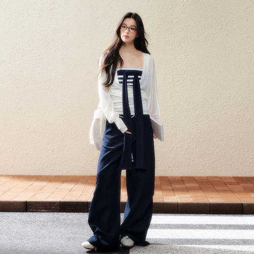 7Shiftin 原创设计早秋新款套装条纹抹胸上衣搭配长袖罩衫两件套 - 图1