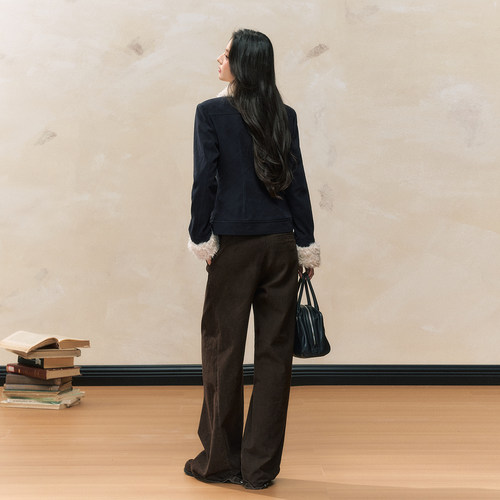 7Shiftin 原创设计秋冬新款修身藏蓝色短款外衣夹棉毛领外套女 - 图2