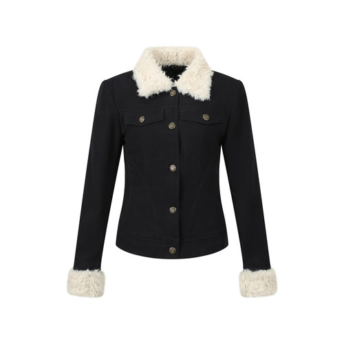 7Shiftin 原创设计秋冬新款修身藏蓝色短款外衣夹棉毛领外套女 - 图3