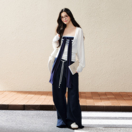 7Shiftin 原创设计早秋新款套装条纹抹胸上衣搭配长袖罩衫两件套 - 图0