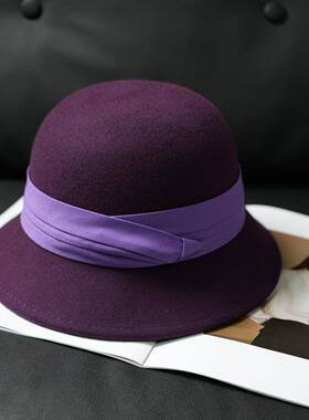 时尚精致高贵紫色羊毛盆帽女秋冬百搭钟型渔夫盆帽时尚保暖小礼帽