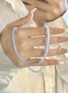 韩系小众设计蓝色串珠项链女穿搭个性高级感气质简约精致锁骨链