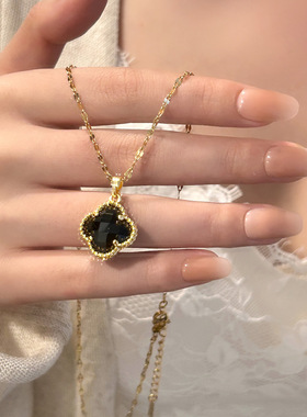 简约时尚小众四叶草多切面锆石项链女金色气质百搭双面高级感