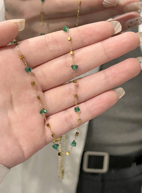 简约孔雀绿锆石方块项链简约百搭