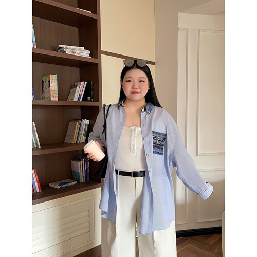梵朵大码女装初秋时尚百搭长袖衬衫撞色口袋遮肉个性外套17902J - 图2
