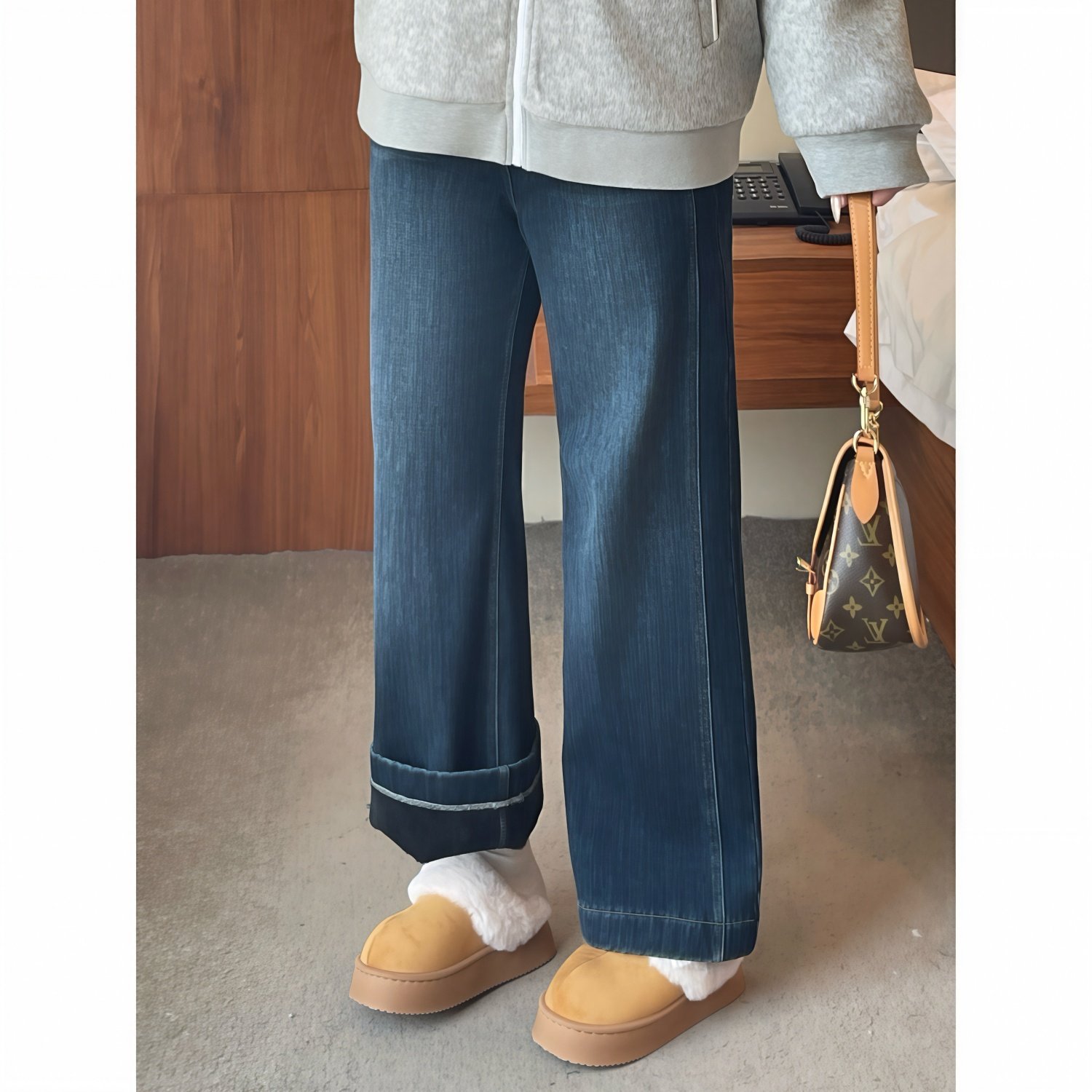 梵朵大码女装16271秋冬梨形身材胖MM阔腿加绒牛仔裤显瘦直筒裤,淘宝优惠券,粉丝福利购,淘宝优惠卷