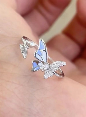 甜美蓝色蝴蝶戒指女气质轻奢精致高级感食指戒小众开口可调节指环