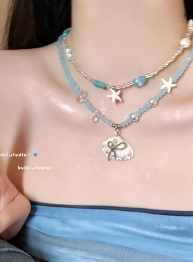 浅海蓝串珠珍珠贝壳项链女精致小众海星吊坠锁骨链大海度假风