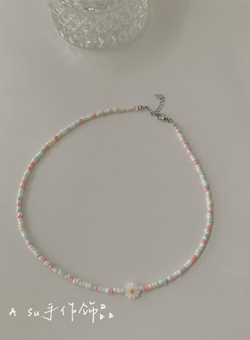 彩色米珠项链女锁骨链
