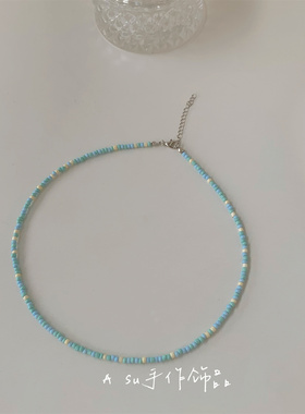 蓝色串珠项链女锁骨链