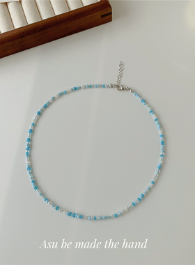 蓝色系圆珠链串珠锁骨链女