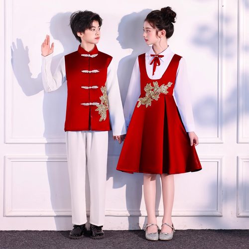 儿童初中小学生男女童合唱中国风红色爱国礼服演讲朗诵比赛演出服 - 图0