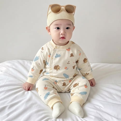 0-3月婴儿连体衣长袖爬小月龄春秋季A类纯棉男女宝宝满月衣服米K - 图0