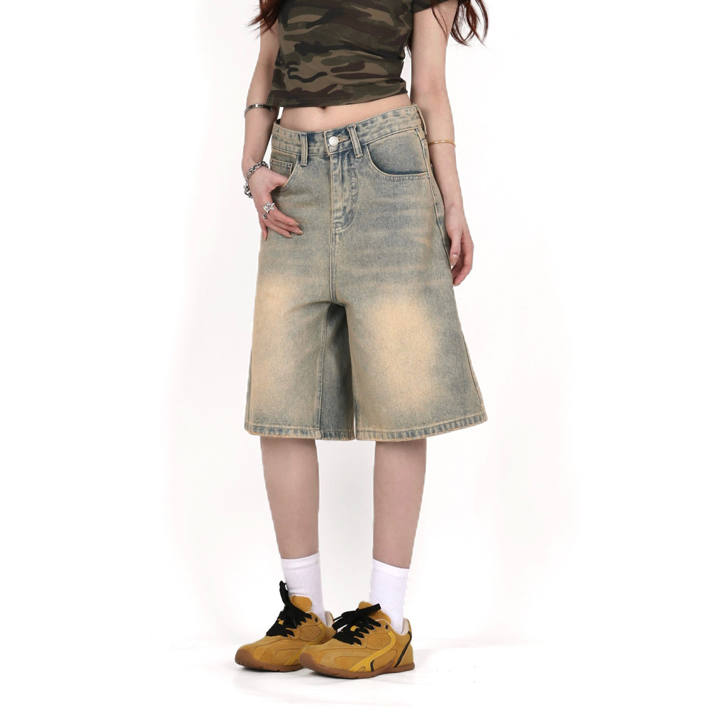 INGA美式复古黑色牛仔七分裤男女夏季百搭宽松显瘦阔腿裤休闲短裤,淘宝优惠券,粉丝福利购,淘宝优惠卷