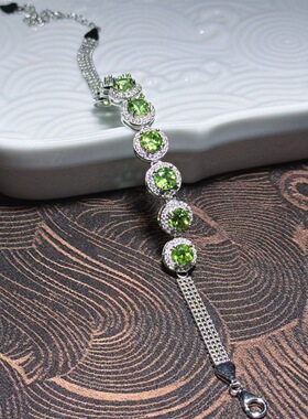 S925银绿色宝石手链女小众设计感温柔风气质显白水晶银手链不掉色