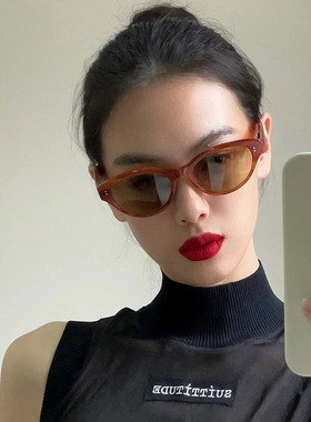 猫眼墨镜女高级感凹造型2026新款橄榄绿窄框太阳镜防紫外线度假风