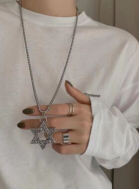 新疆仓六芒星吊坠男不锈钢钛钢项链时尚嘻哈学生情侣项坠个性