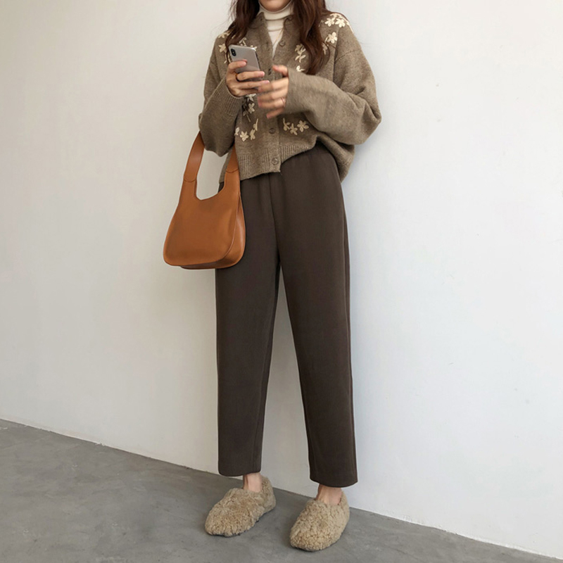 白色羊毛呢小个子阔腿裤女秋冬加绒直筒梨形报恩九分奶奶萝卜卫裤 - 图1