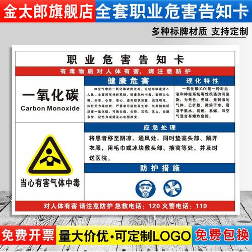 一氧化碳职业病危害告知卡危险化学品安全周知卡氧氩氮气MSDS气瓶存放处风险点标识当心中毒警示牌提示定制QT - 图2