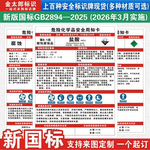 危险化学品安全周知卡职业危害告知警示牌油漆盐酸硫酸硝酸氢氧化钠危化品安全技术说明书MSDS标志标识贴定制 - 图2