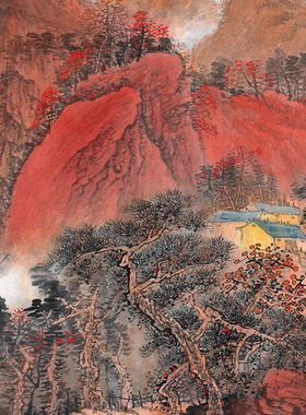 吴广红色江山万年长横版大气山水画未装裱微喷宣纸画芯办公室挂画