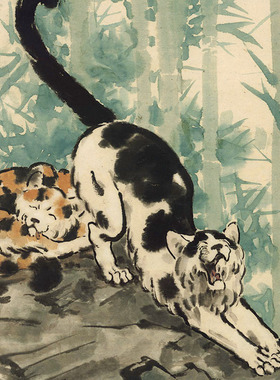 徐悲鸿双猫竹石图条幅立轴挂画微喷打印国画水墨画未装裱宣纸画心