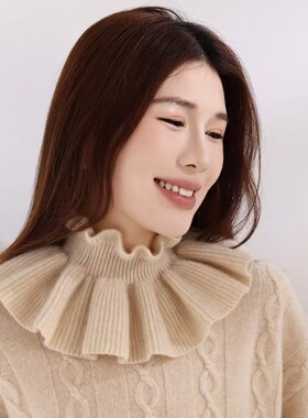 秋冬100%纯山羊绒木耳边脖套女围脖针织保暖高领假领子假衣领围巾