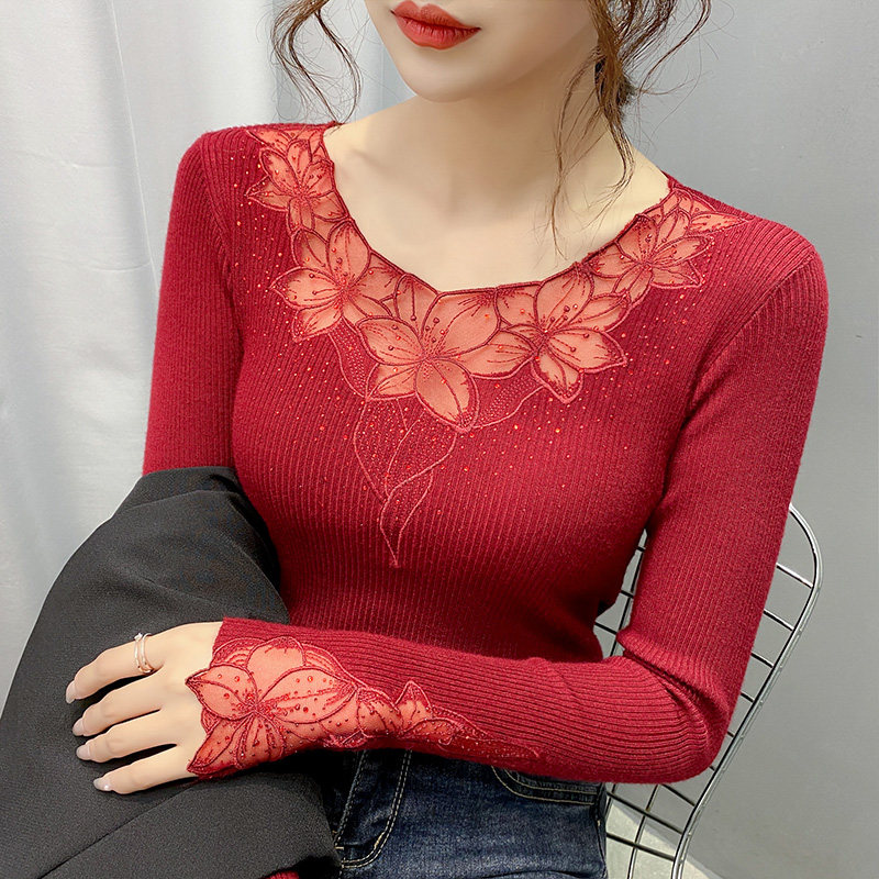 女修身秋装2022年新款蕾丝针织衫 飘雪姬毛针织衫