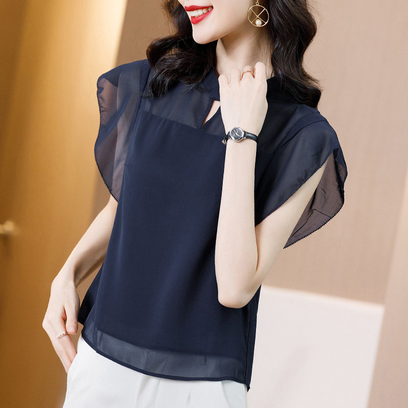 女人遮肚小衫雪纺短袖洋气收腰衬衫 爱衣买衣蕾丝衫/雪纺衫