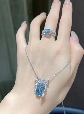蝴蝶结海蓝宝项链水晶锆石吊坠