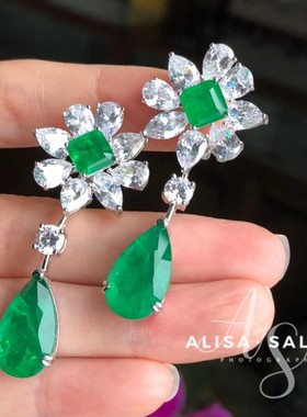 珠宝奢华银天然仿祖母绿戒指时尚