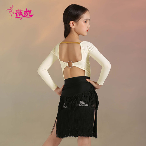 薇妮拉丁舞练功服女童长袖国标专业流苏训练舞服秋冬新款网红套装 - 图2