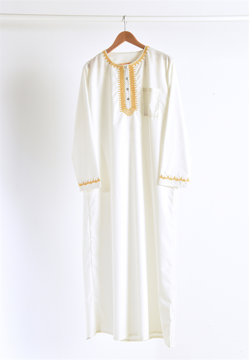 新款沙特男式刺绣纯色长袍迪拜中东旅游男士绣花大袍回民男子袍子