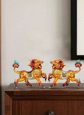 聚善缘祥瑞铜麒麟公母一对工艺品
