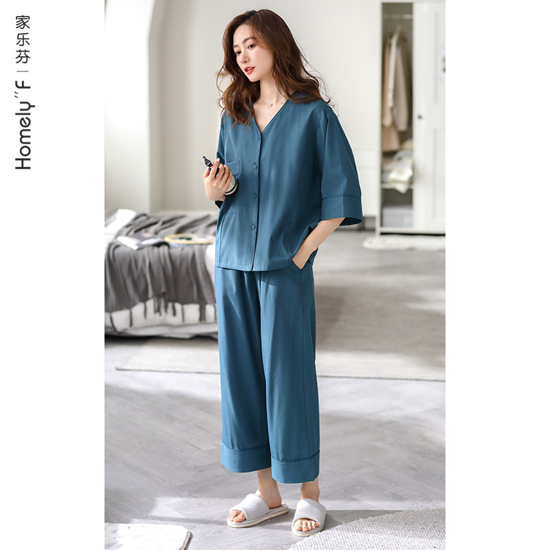 家乐芬兰精莫代尔睡衣女士春季春秋季秋款七分袖家居服高级感套装 - 图1