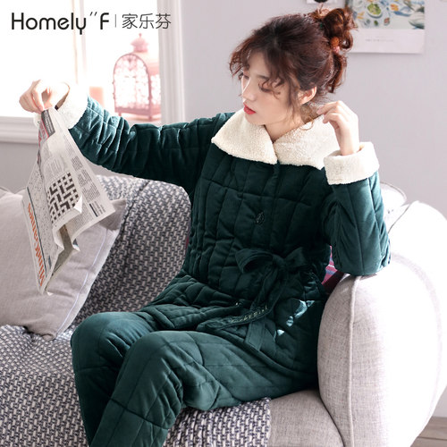 睡衣女秋冬季冬天三层加厚夹棉袄珊瑚绒加绒保暖法兰绒家居服套装 - 图2