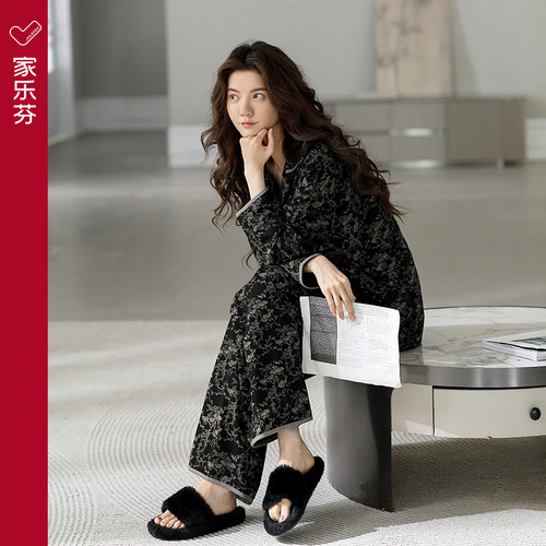 家乐芬睡衣女春秋款秋季莫代尔长袖家居服夏季薄款冰丝复古老钱风 - 图0